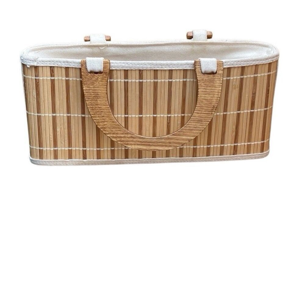 Bamboo Wood Slat Lined Purse, Handbag With Wood Handles Rectangle 13x6x4 - Picture 3 of 10